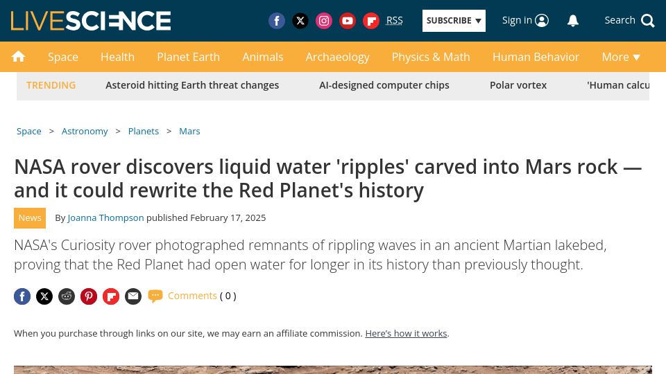 Screenshot of livescience.com: NASA rover discovers liquid water 'ripples' carved into Mars rock