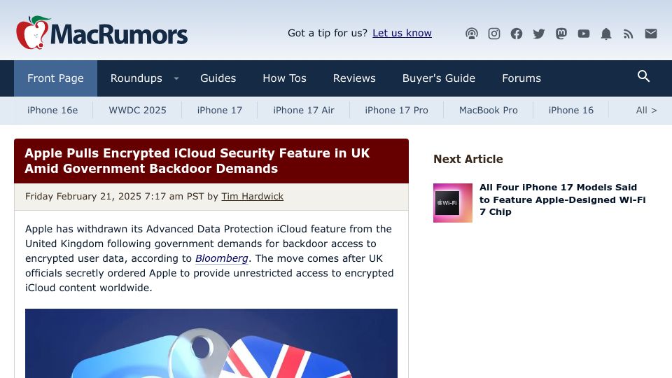 Screenshot of macrumors.com: Apple Pulls Encrypted iCloud Security Feature in UK