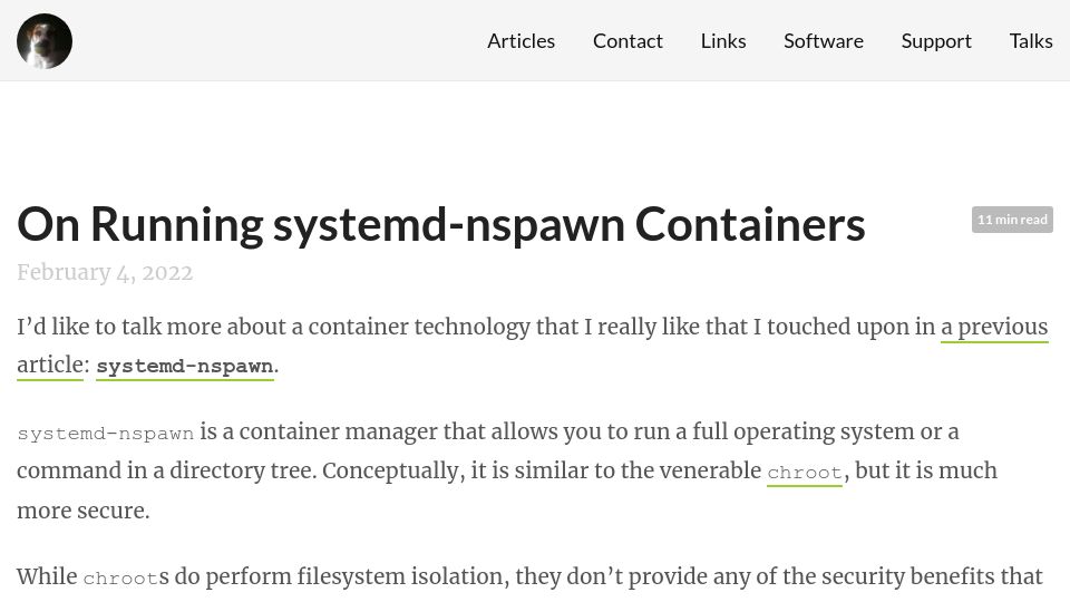 Screenshot of benjamintoll.com: On Running systemd-nspawn Containers (2022)