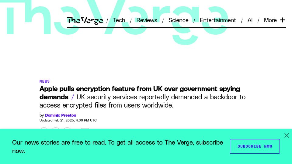 Screenshot of theverge.com: Apple pulls encryption feature from UK