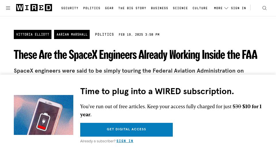 Screenshot of wired.com: SpaceX engineers brought on at FAA after probationary employees were fired