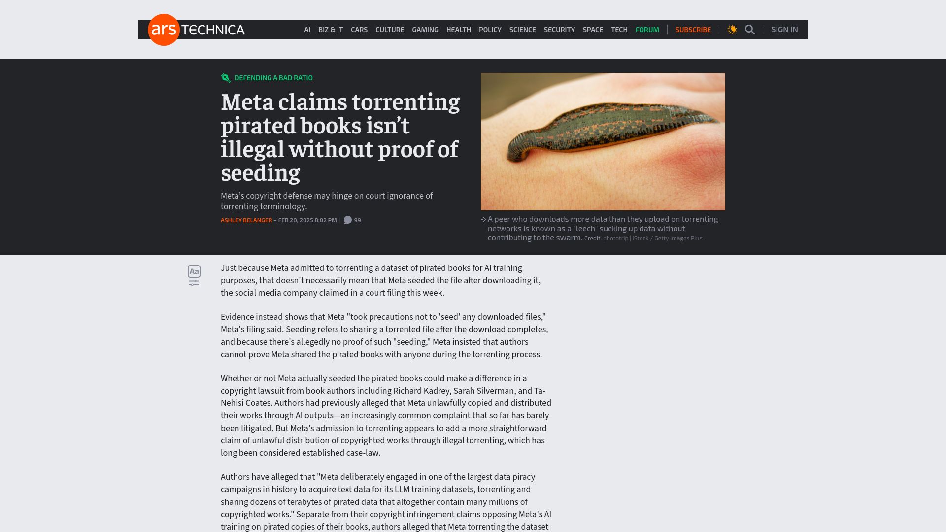 Screenshot of arstechnica.com: Meta claims torrenting pirated books isn't illegal without proof of seeding
