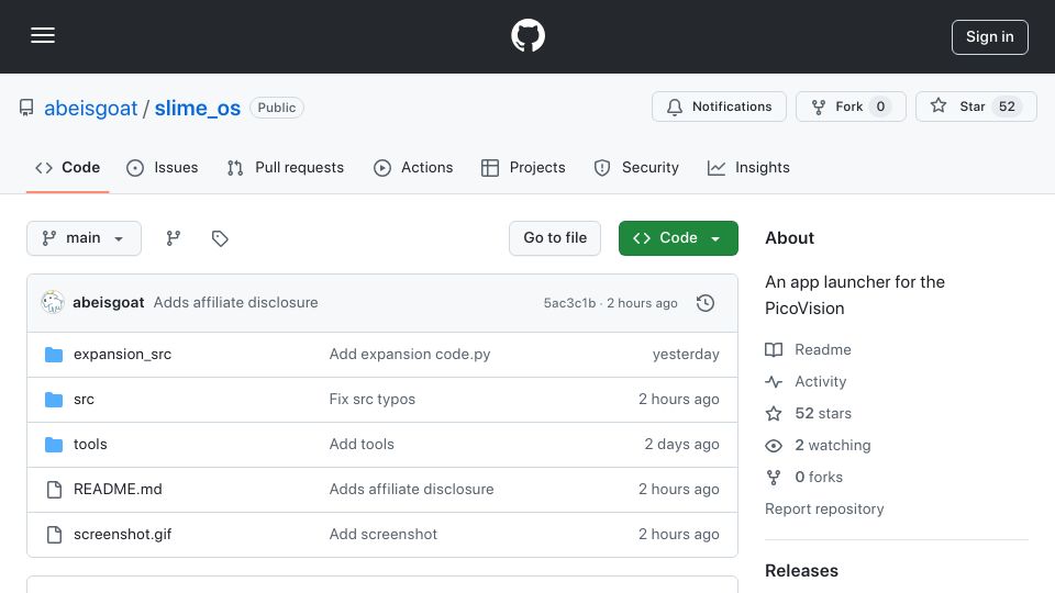 Screenshot of github.com: Show HN: Slime OS – An open-source app launcher for RP2040 based devices