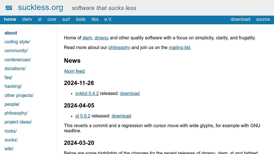 Screenshot of suckless.org: Suckless.org: software that sucks less