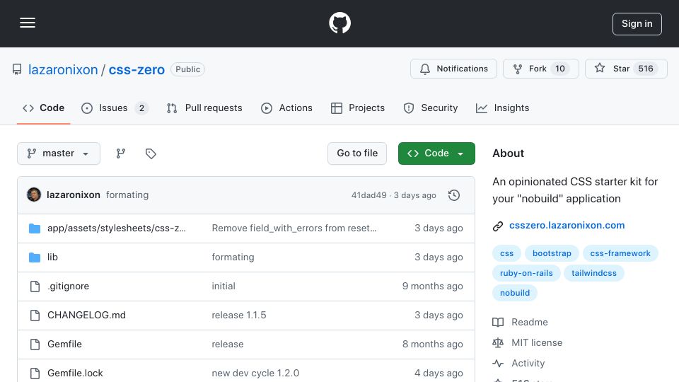Screenshot of github.com: CSS-zero: opinionated CSS starter kit for your "nobuild" application