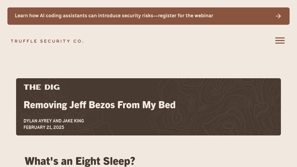 Screenshot of trufflesecurity.com: I found a backdoor into my bed