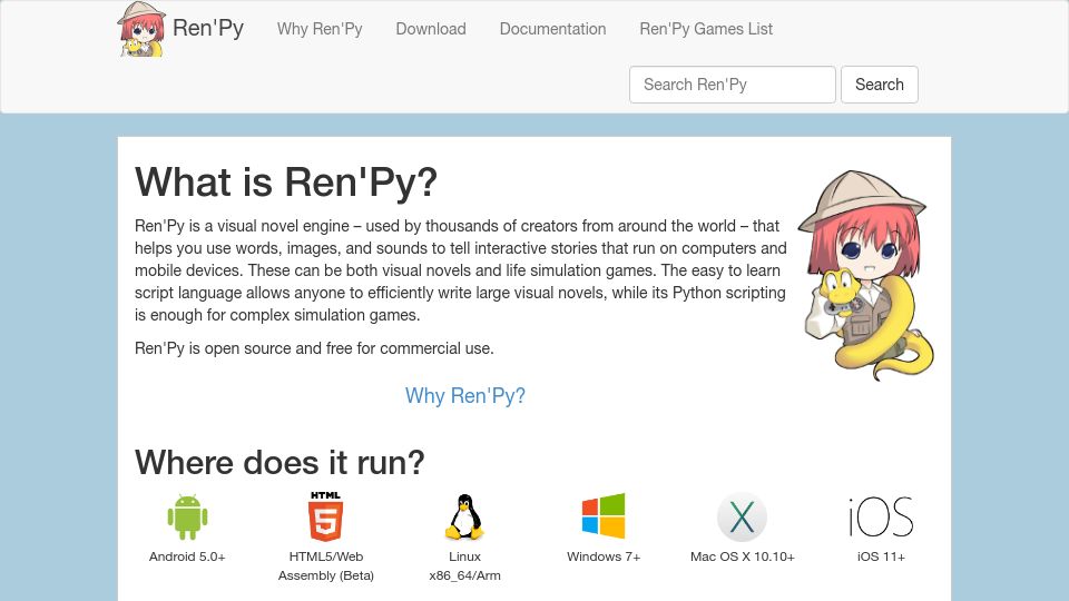 Screenshot of renpy.org: The Ren'Py Visual Novel Engine