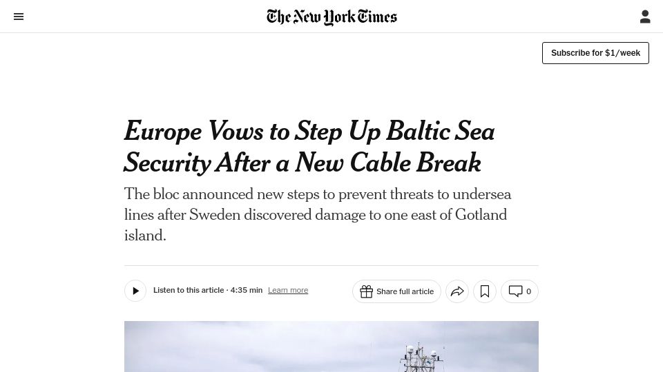 Screenshot of nytimes.com: Sweden Investigates New Cable Break Under Baltic Sea