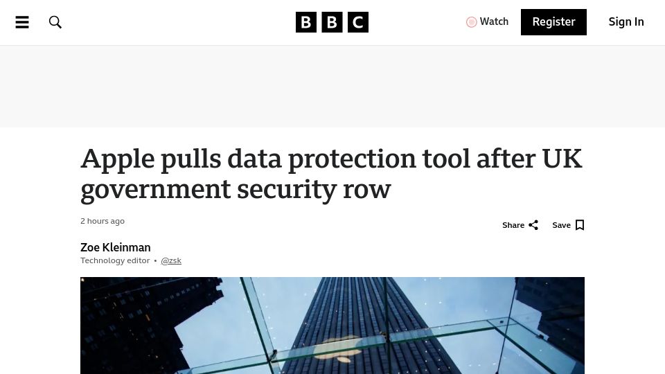 Screenshot of bbc.com: Apple pulls data protection tool after UK government security row