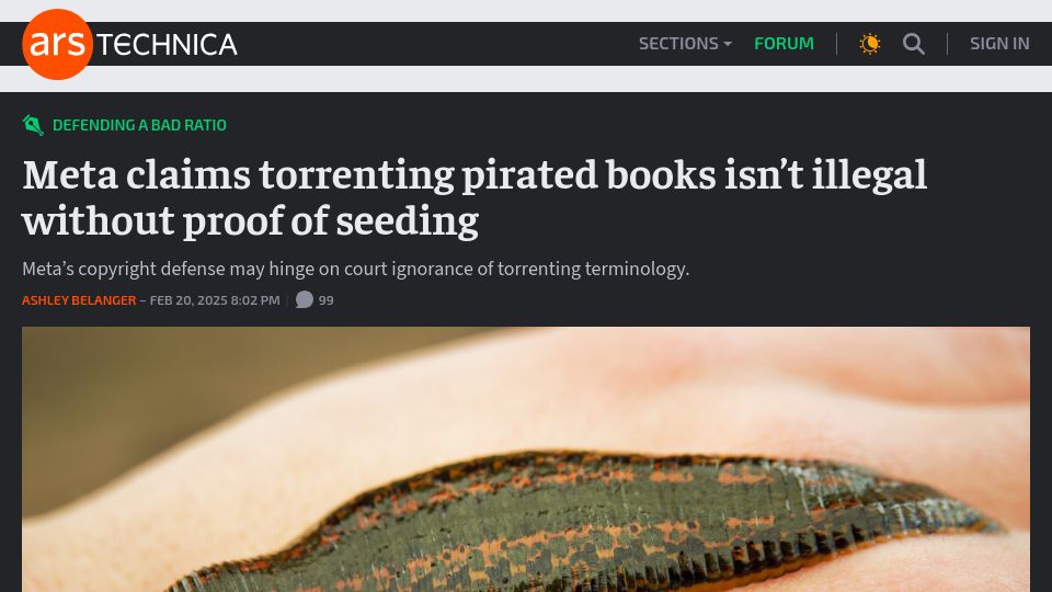 Screenshot of arstechnica.com: Meta claims torrenting pirated books isn't illegal without proof of seeding