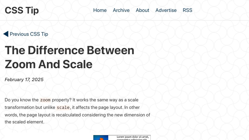 Screenshot of css-tip.com: The difference between zoom and scale