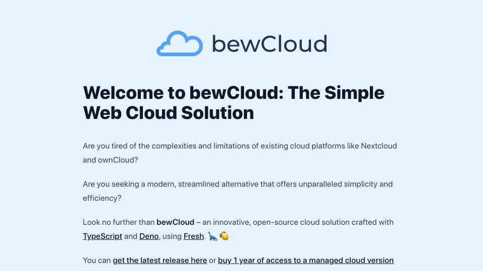 Screenshot of bewcloud.com: Show HN: One year of bewCloud (a simpler Nextcloud alternative)