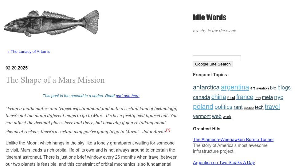 Screenshot of idlewords.com: The Shape of a Mars Mission