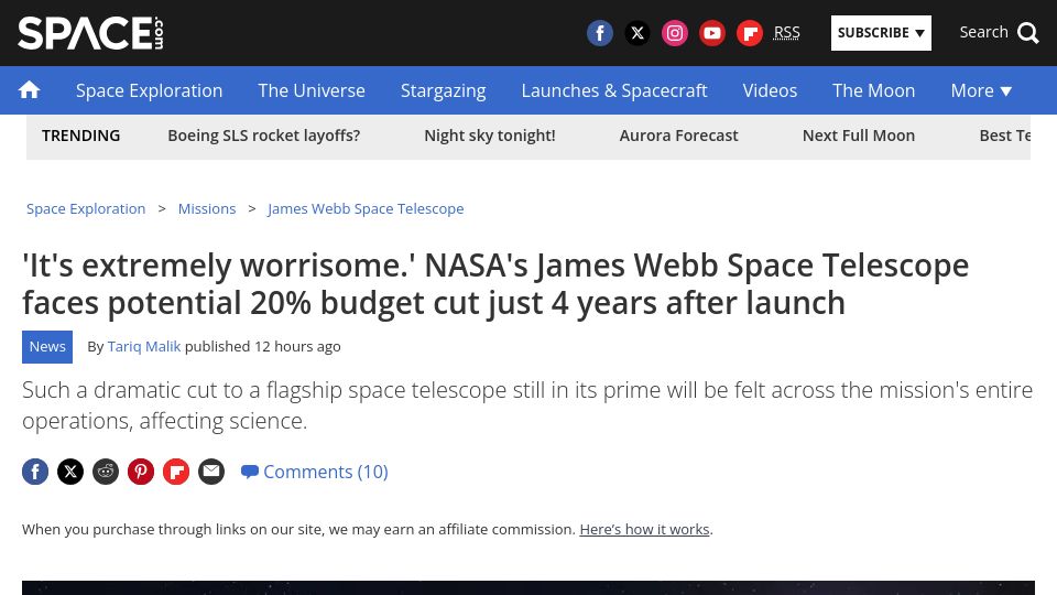 Screenshot of space.com: NASA's James Webb Space Telescope faces potential 20% budget cut