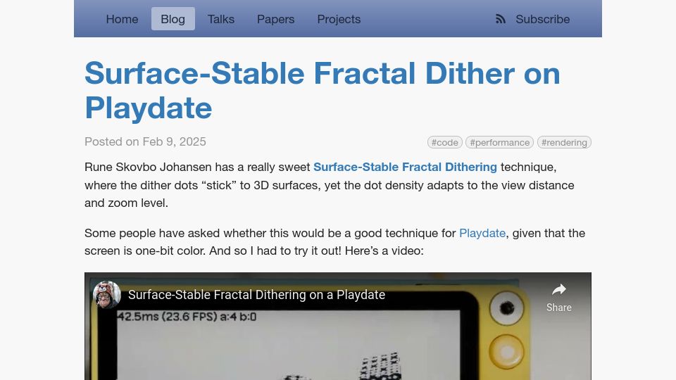 Screenshot of aras-p.info: Surface-Stable Fractal Dither on Playdate