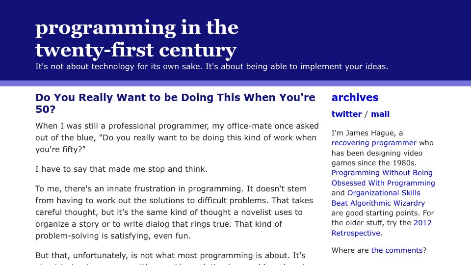 Screenshot of prog21.dadgum.com: Do you want to be doing this when you're 50? (2012)