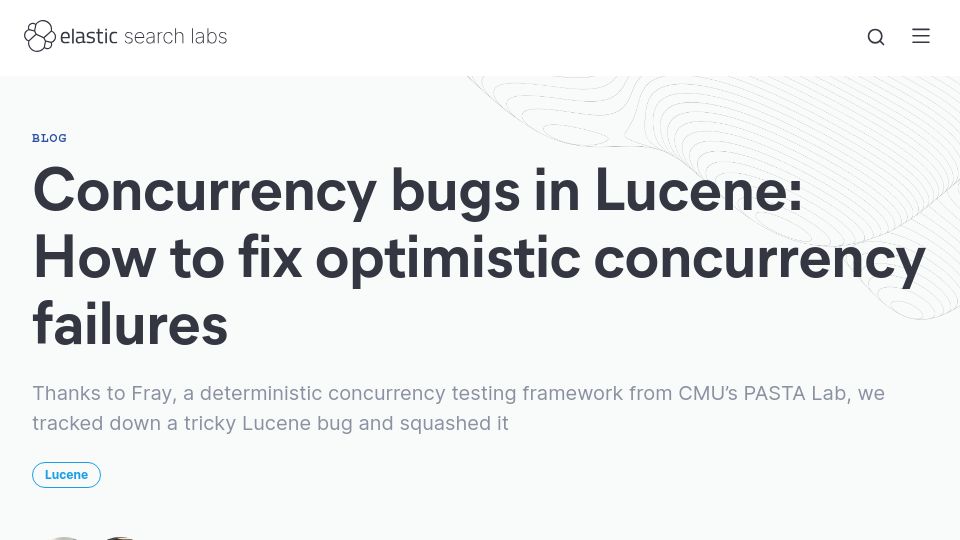 Screenshot of elastic.co: Concurrency bugs in Lucene: How to fix optimistic concurrency failures