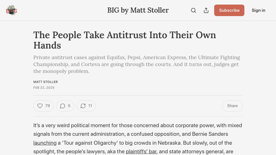 Screenshot of thebignewsletter.com: Private antitrust cases are going through the courts
