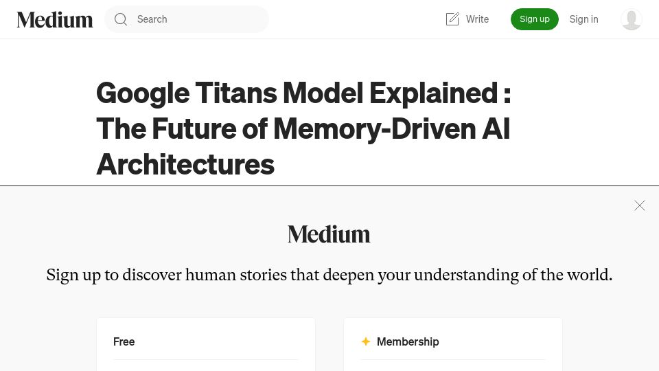 Screenshot of medium.com: Google Titans Model Explained: The Future of Memory-Driven AI Architectures