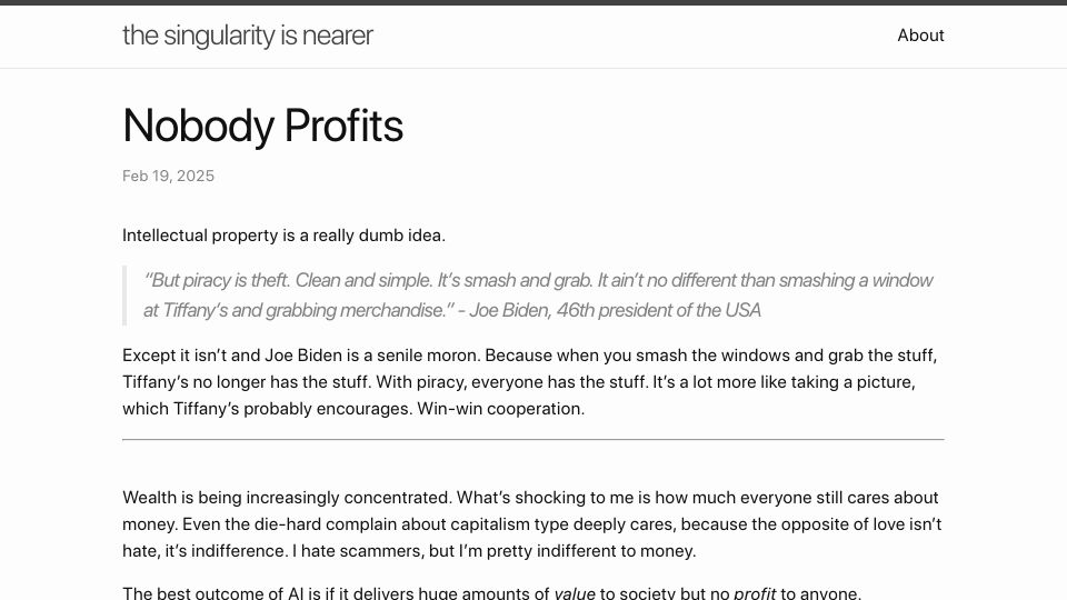 Screenshot of geohot.github.io: Nobody Profits – George Hotz