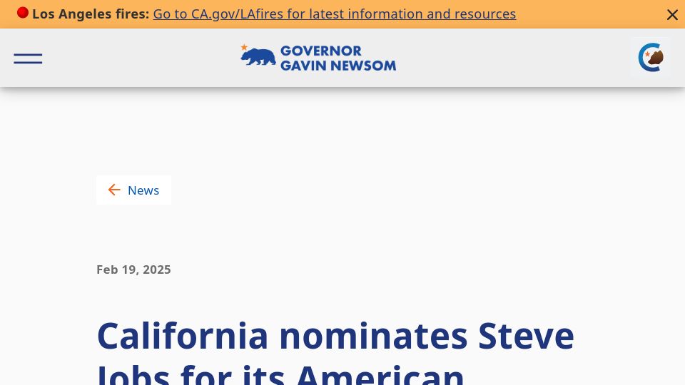 Screenshot of gov.ca.gov: California Nominates Steve Jobs for Its American Innovation $1 Coin