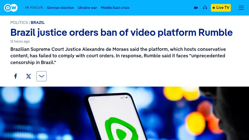 Screenshot of dw.com: Brazil justice orders ban of video platform Rumble