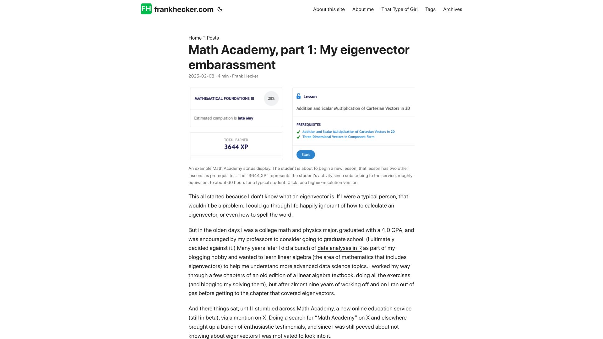 Screenshot of frankhecker.com: Math Academy, part 1: My eigenvector embarassment