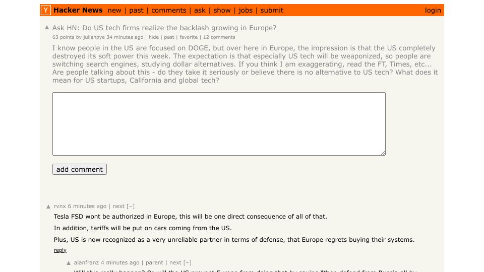 Screenshot of Hacker News post: Ask HN: Do US tech firms realize the backlash growing in Europe?