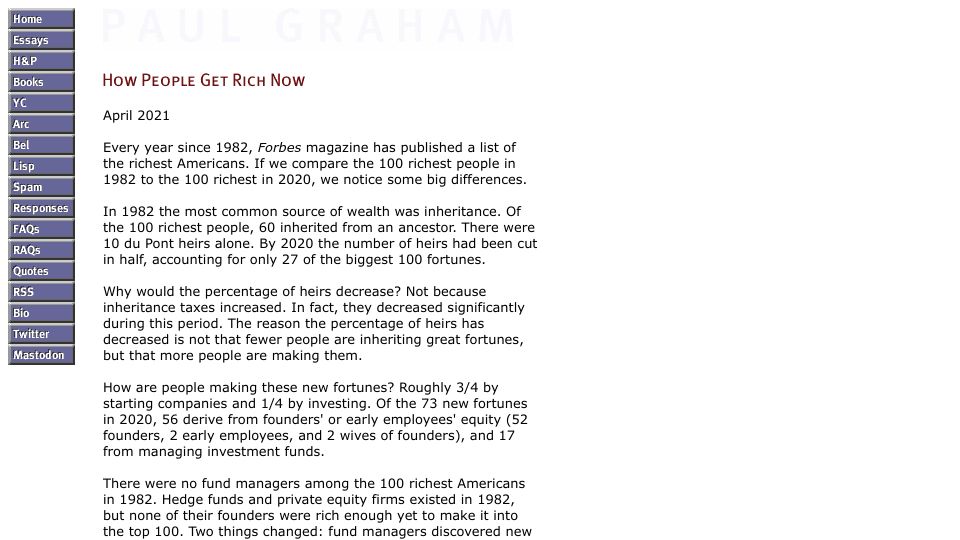 Screenshot of paulgraham.com: How people get rich now (2021)