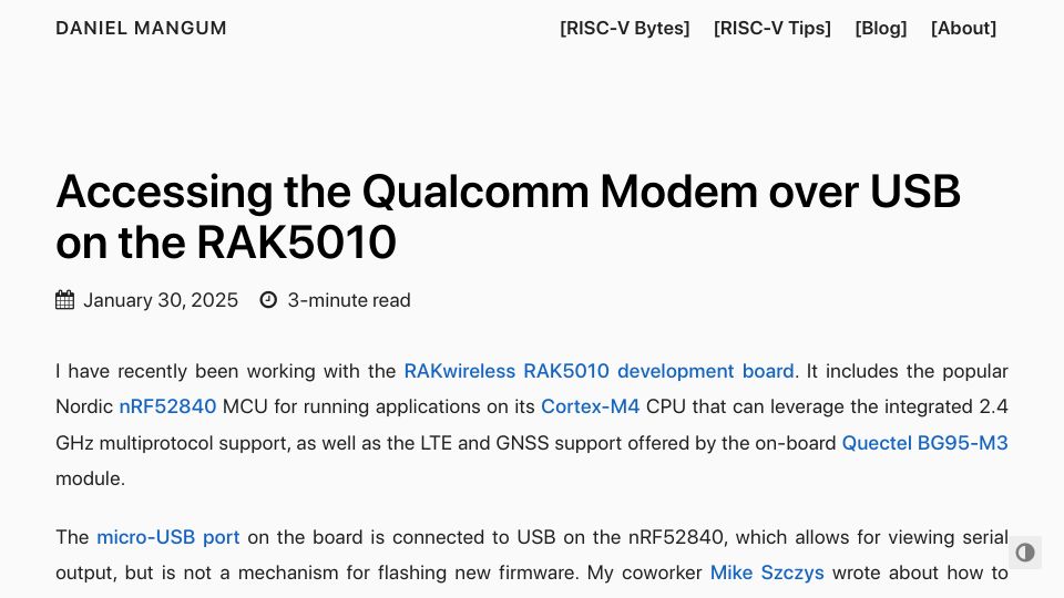 Screenshot of danielmangum.com: Accessing the Qualcomm Modem over USB on the RAK5010