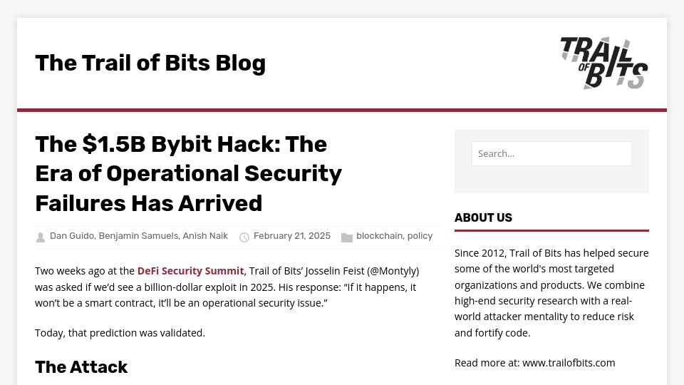 Screenshot of blog.trailofbits.com: The $1.5B Bybit Hack
