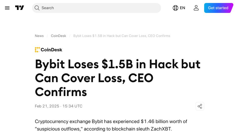 Screenshot of tradingview.com: Bybit loses $1.5B in hack but can cover loss, CEO confirms