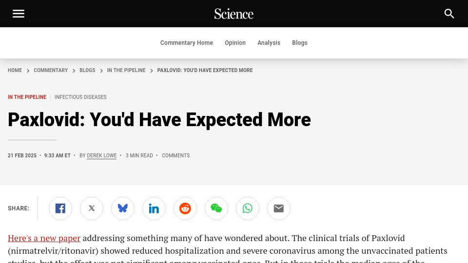 Screenshot of science.org: Paxlovid: You'd have expected more