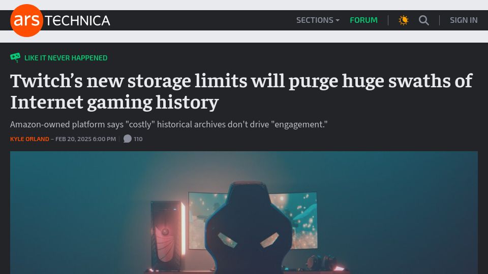 Screenshot of arstechnica.com: Twitch's new storage limits will purge swaths of Internet gaming history