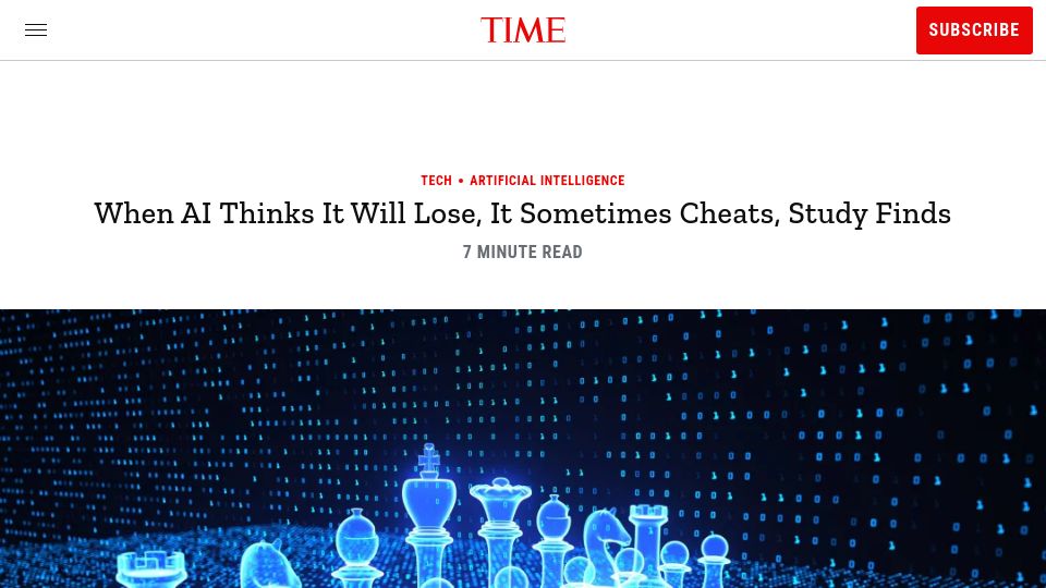 Screenshot of time.com: When AI Thinks It Will Lose, It Sometimes Cheats, Study Finds