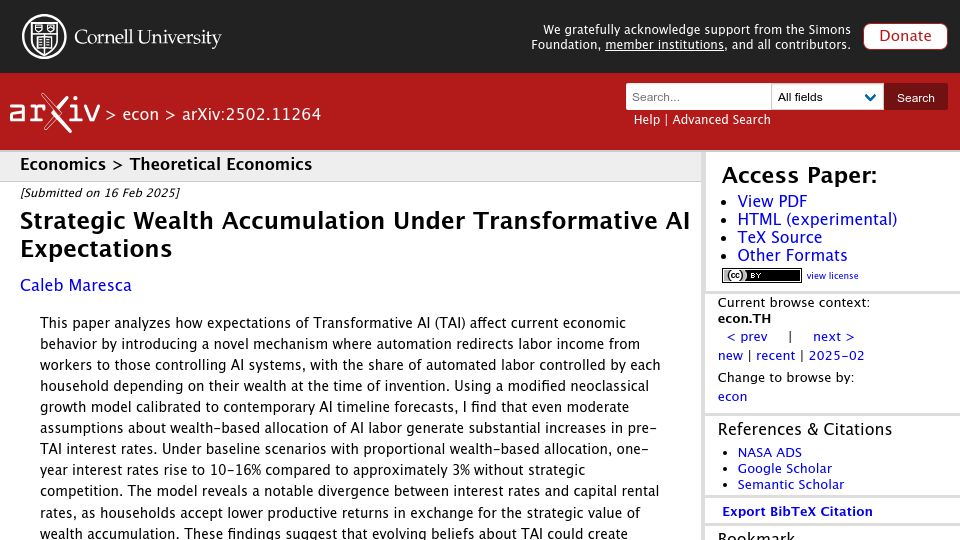 Screenshot of arxiv.org: Strategic Wealth Accumulation Under Transformative AI Expectations