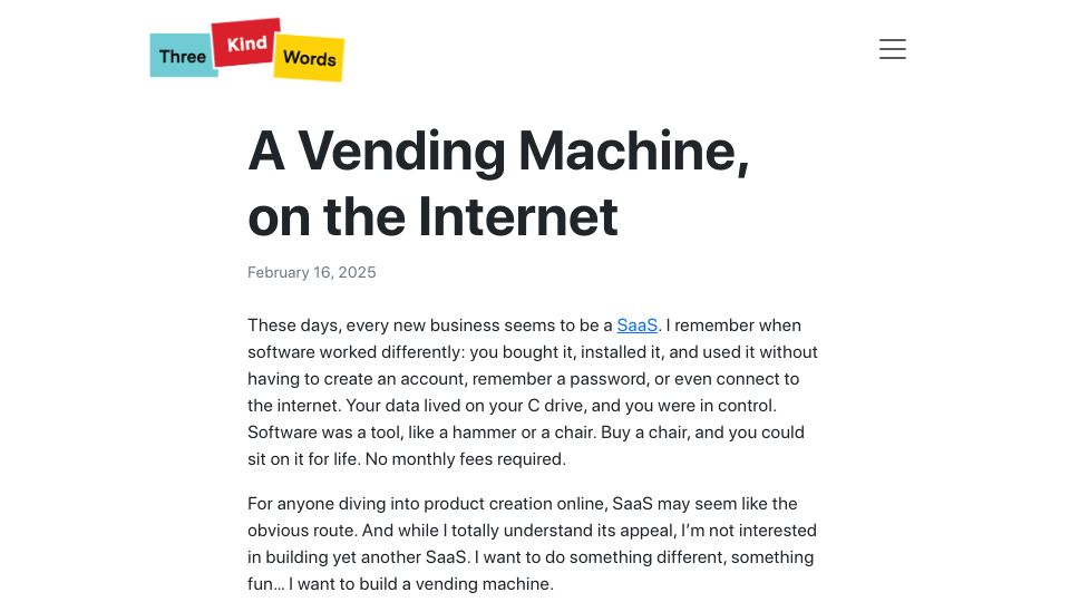 Screenshot of threekindwords.com: A vending machine, on the internet