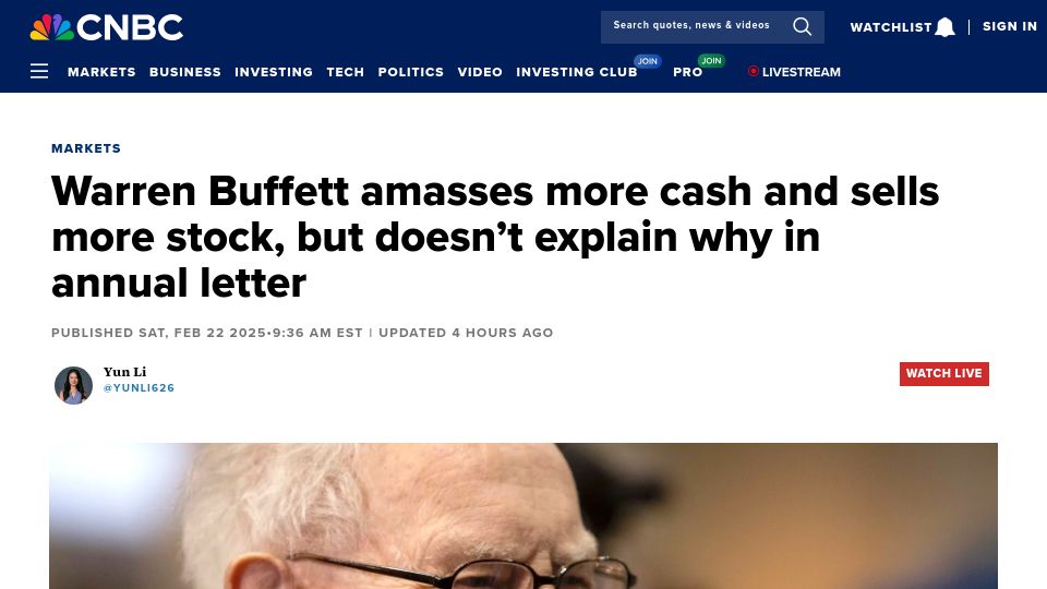 Screenshot of cnbc.com: Warren Buffett amasses more cash and sells more stock