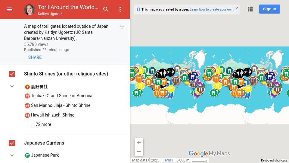 Screenshot of google.com: A map of torii around the world