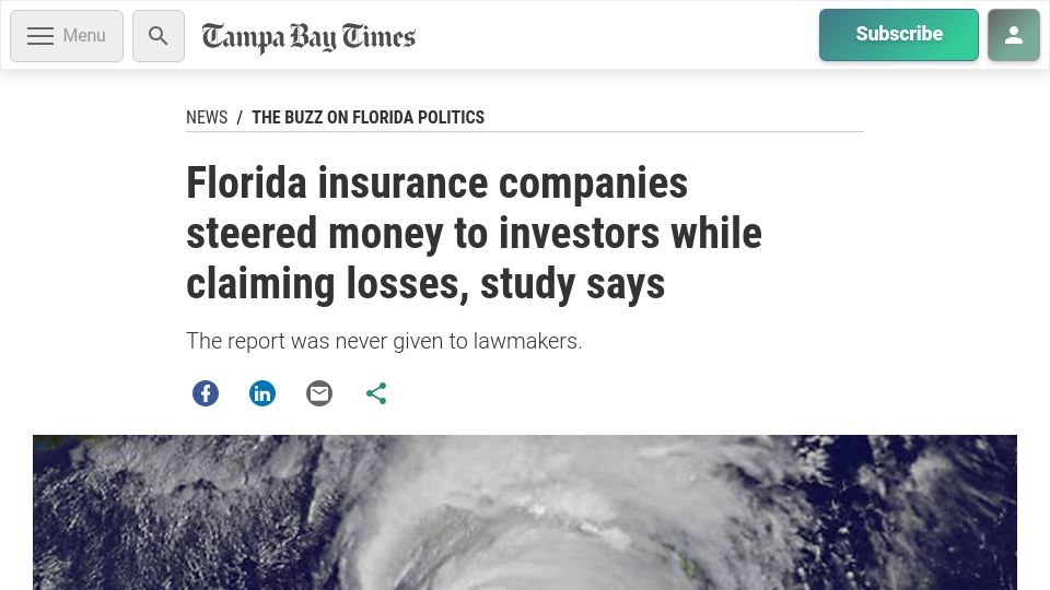 Screenshot of tampabay.com: Florida insurers steered money to investors while claiming losses, study says