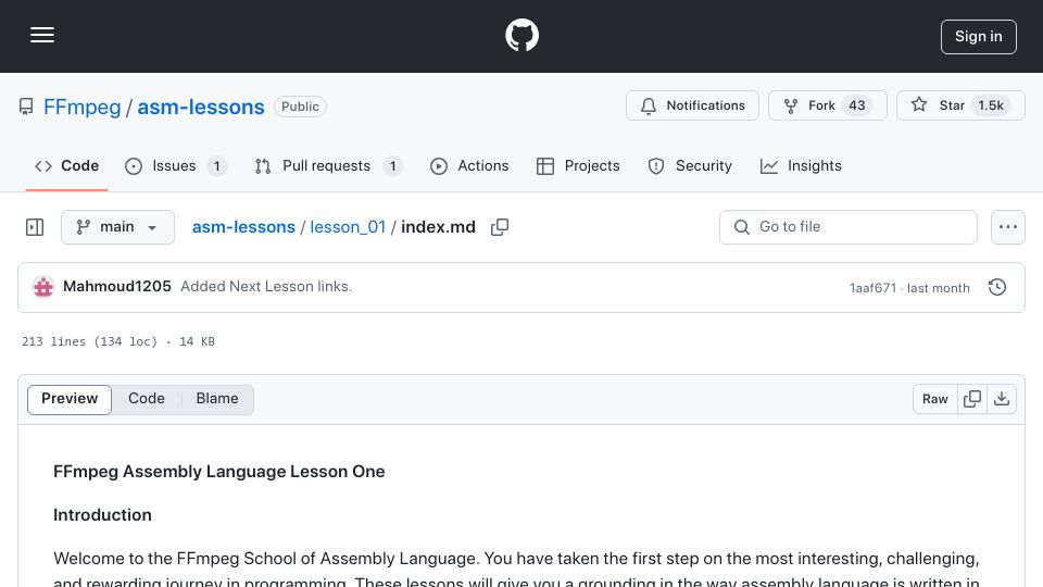 Screenshot of github.com: FFmpeg School of Assembly Language