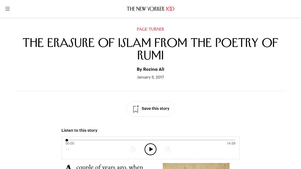 Screenshot of newyorker.com: The Erasure of Islam from the Poetry of Rumi