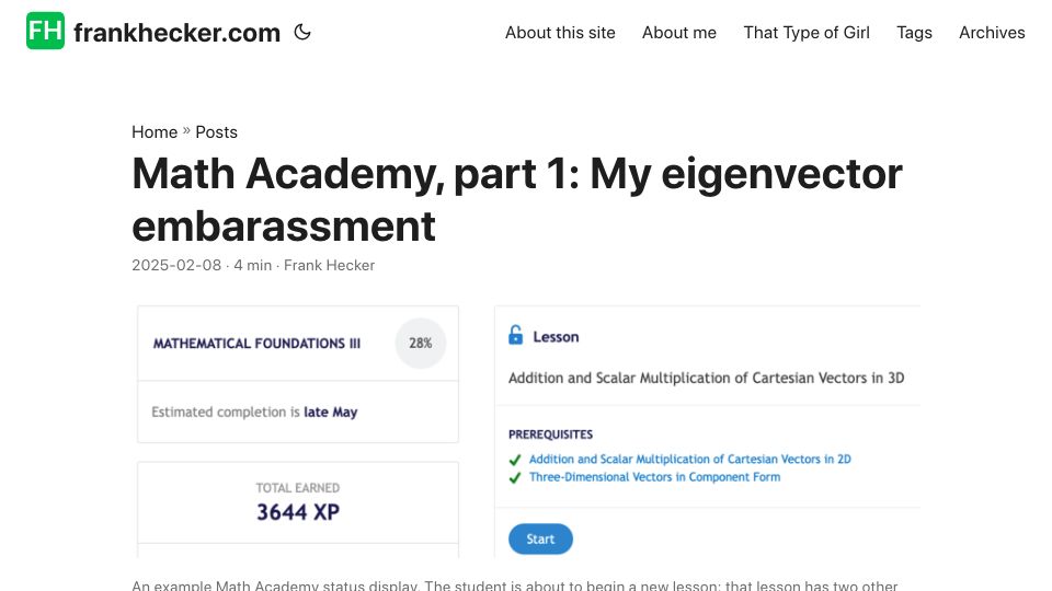 Screenshot of frankhecker.com: Math Academy, part 1: My eigenvector embarassment