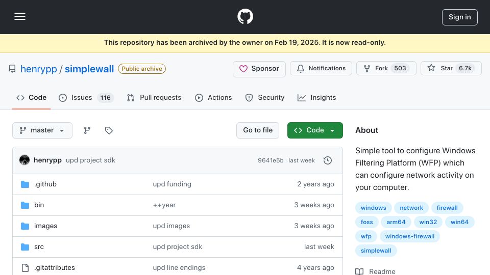 Screenshot of github.com: Simplewall Has Been Discontinued