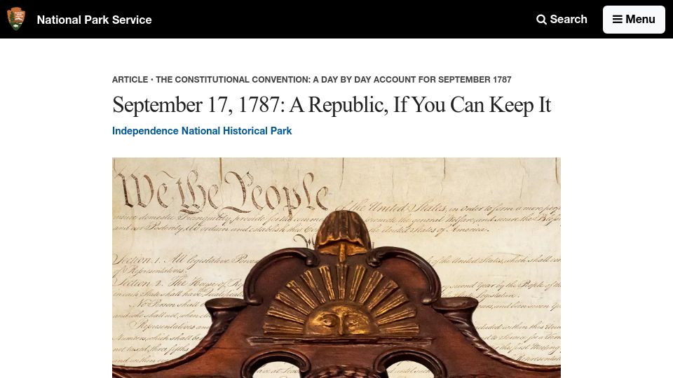 Screenshot of nps.gov: September 17, 1787: "A Republic, If You Can Keep It"