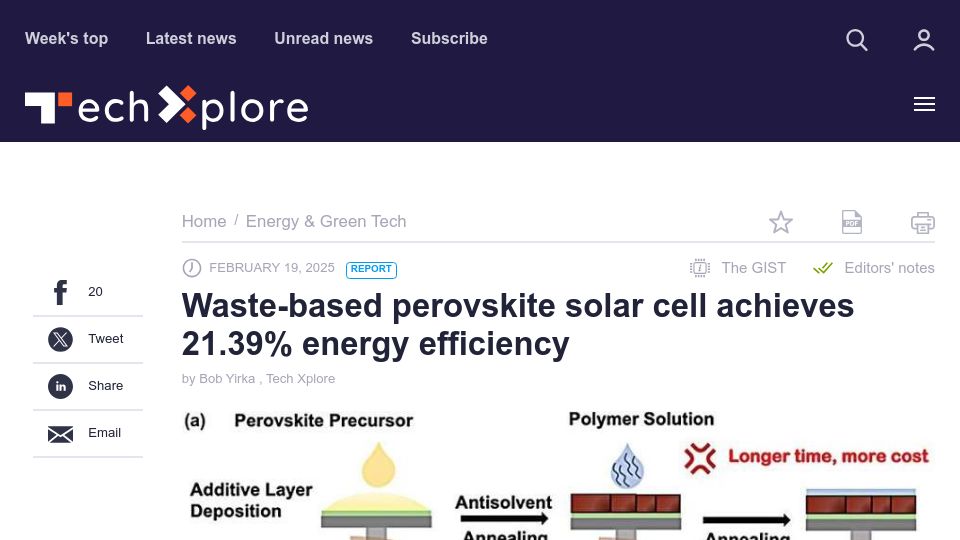 Screenshot of techxplore.com: Waste-based perovskite solar cell achieves 21.39% energy efficiency