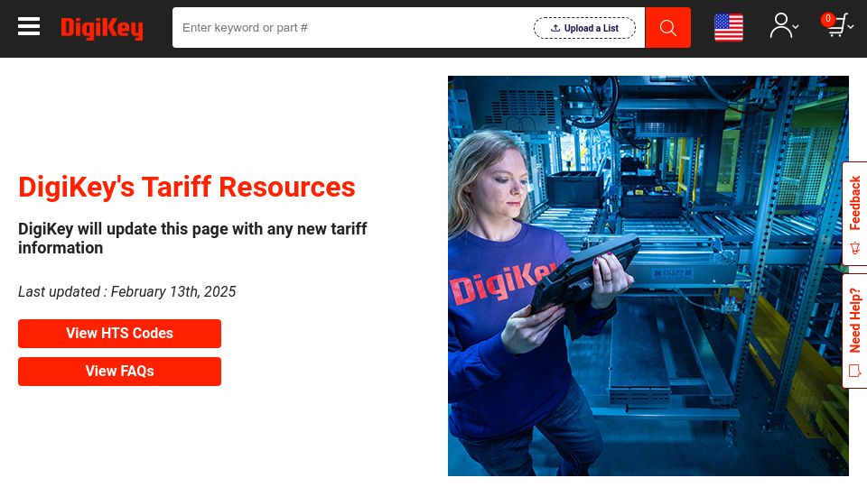 Screenshot of digikey.com: DigiKey's Tariff Resources