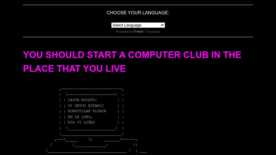 Screenshot of startacomputer.club: Start a computer club in the place that you live (2023)