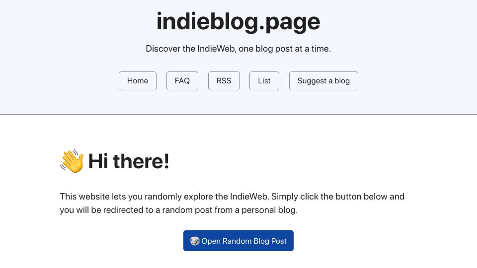 Screenshot of indieblog.page: Discover the IndieWeb, one blog post at a time