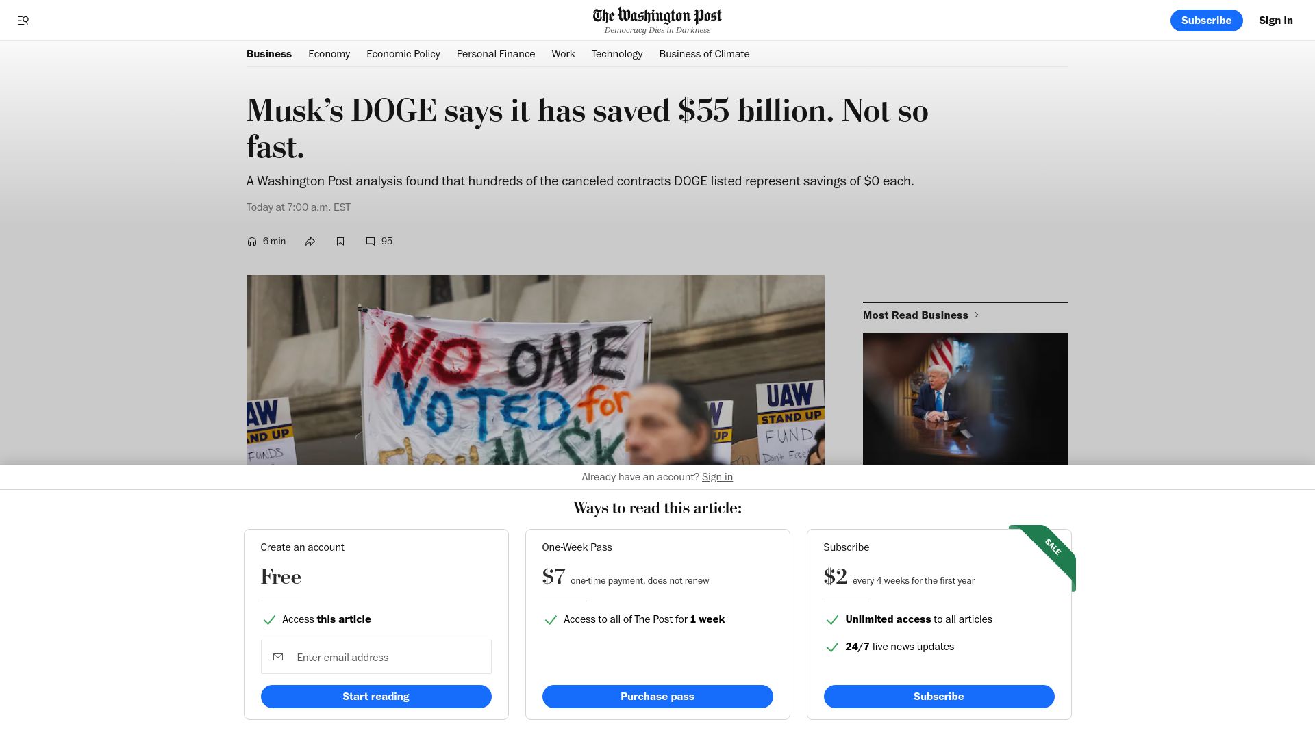 Screenshot of washingtonpost.com: Doge says its savings total $55B, but analysis shows it's less